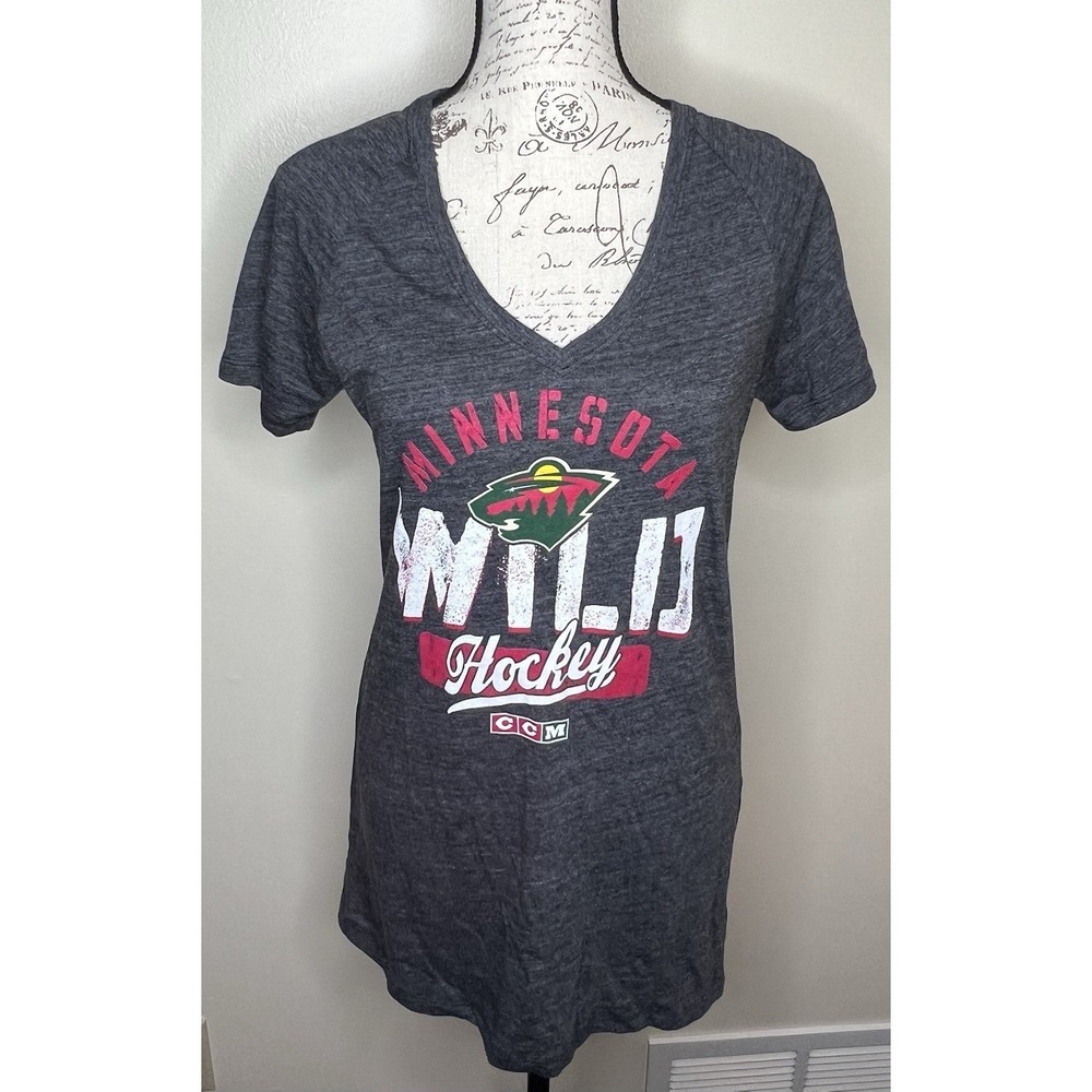 Minnesota Wild CCM Hockey Triblend V-Neck T-shirt Large Black Heathered New